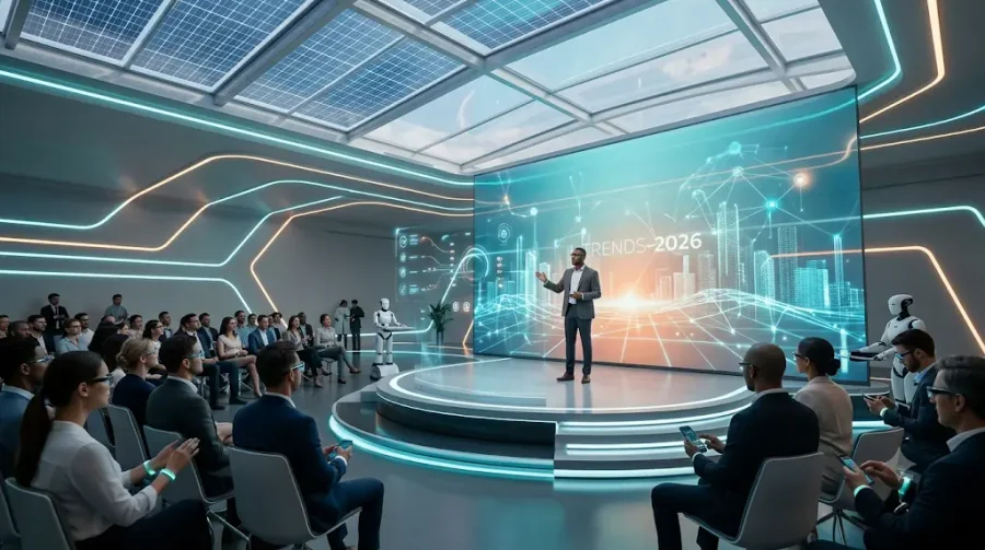 Corporate Event Management Trends showcased at a technology-driven business conference featuring AI-powered presentations and audience engagement.